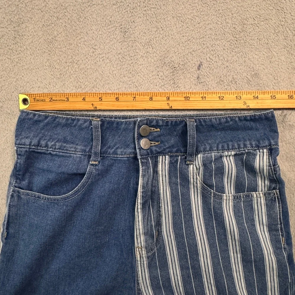 UNIQ BY LITZ Womens Size Medium Patchwork Denim Striped Button Side Jeans - Picture 9 of 9